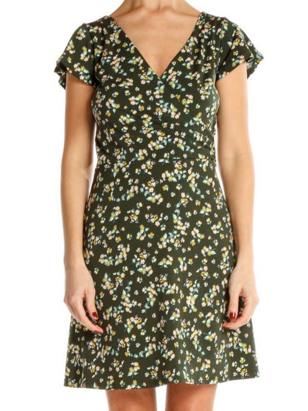 LOFT Olive Green Floral V-Neck Mini Dress